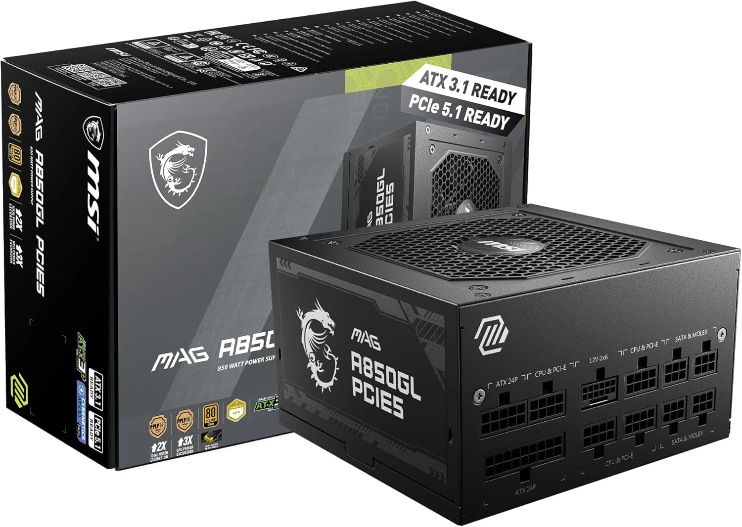 MSI MAG A850GL PCIE5, Fully Modular Compact Gaming 850W Power Supply