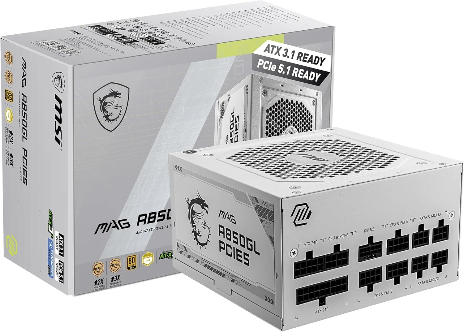 MSI MAG A850GL PCIE5 White, Fully Modular Compact Gaming 850W Power Supply